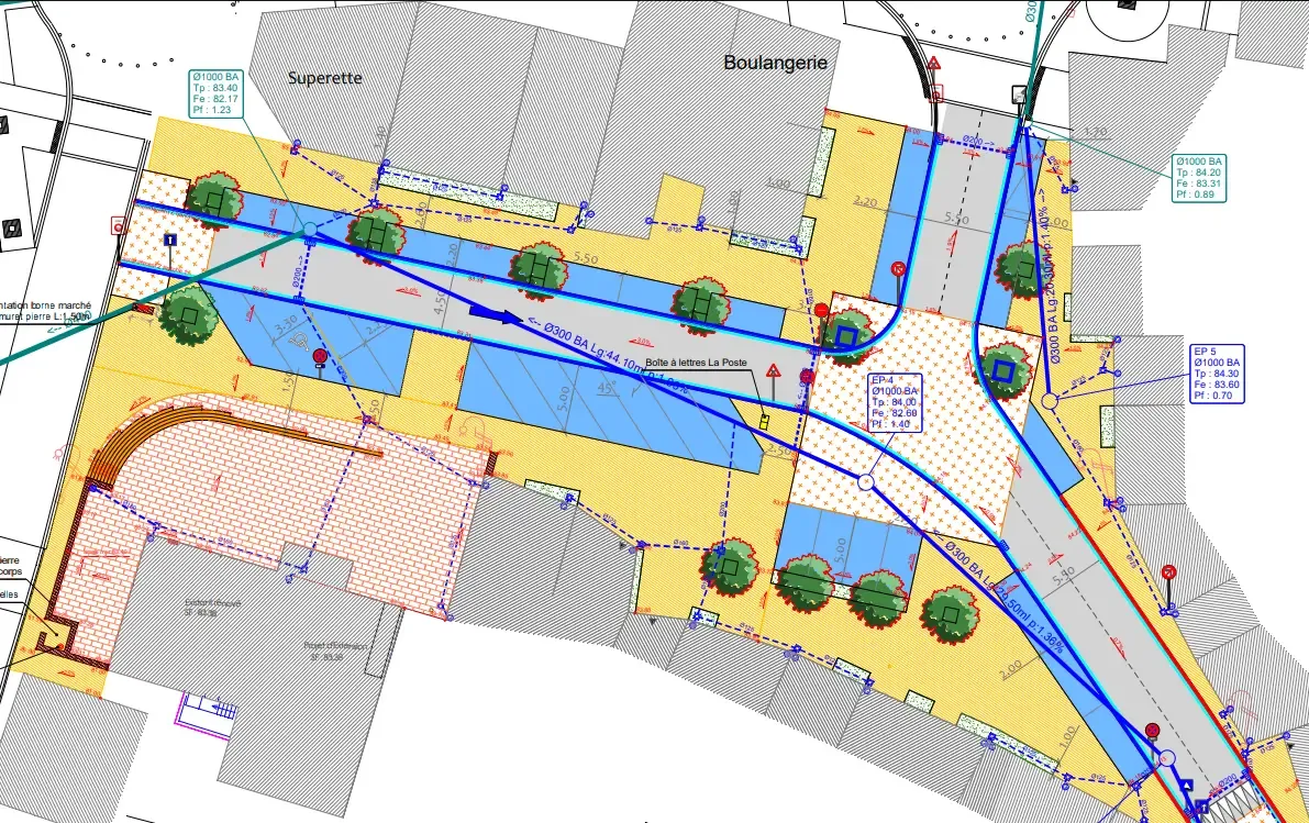 Plan de projet VRD d’un aménagement de centre-bourg