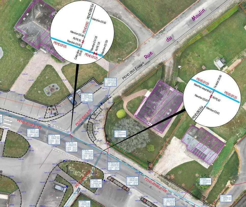 Plan de récolement de réseaux sur fond d’orthophoto